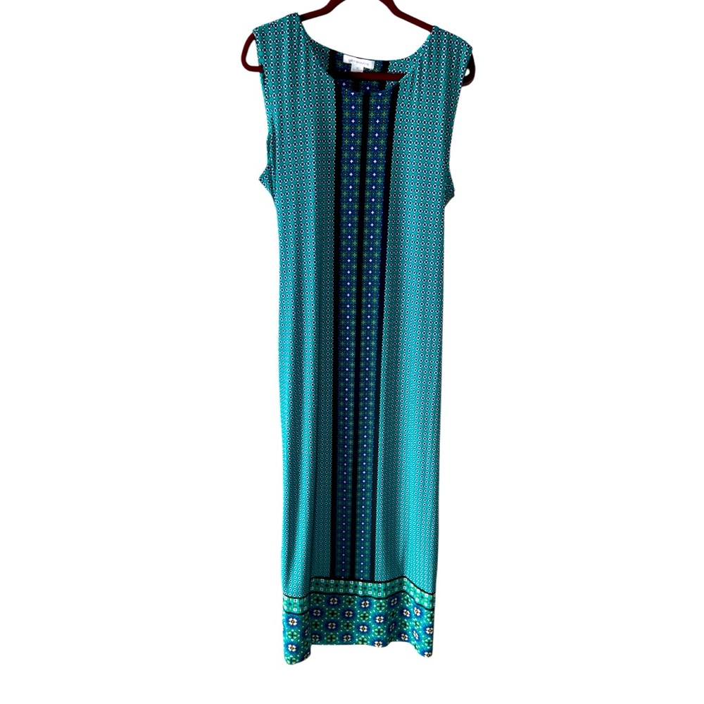 LIZ CLAIBORNE MAXI DRESS WOMEN XL GREEN MULTICOLOR SLEEVELESS COMFY COSTAL VACAY